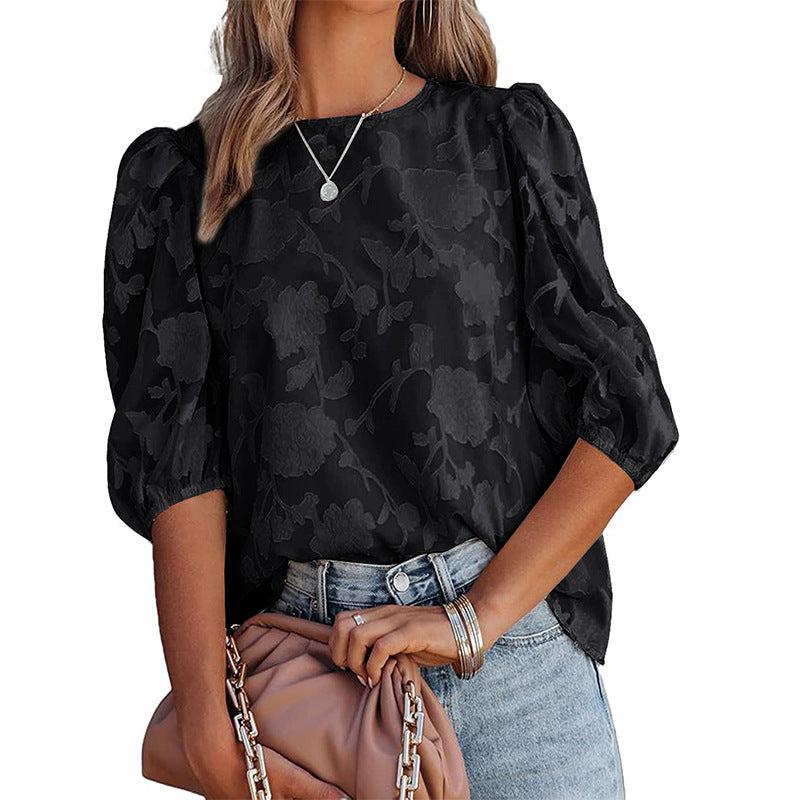 Cheky - Women's Puff Sleeve Chiffon Loose Top Flower Texture Shirt