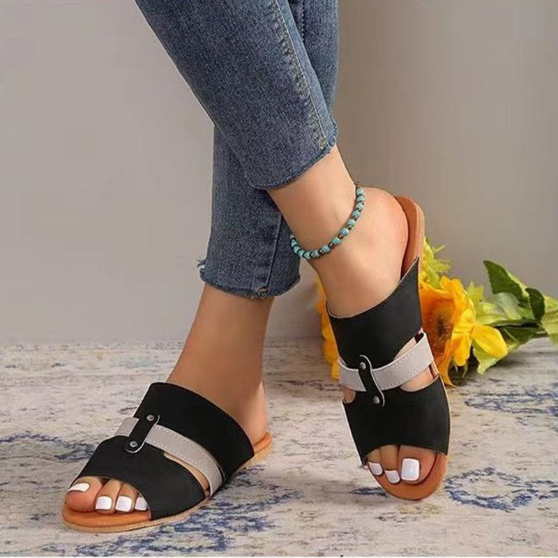 Cheky - New Fish Mouth Sandals With Belt Buckle Design Summer Beach Shoes For Women Fashion Casual Low Heel Flat Slides Slippers