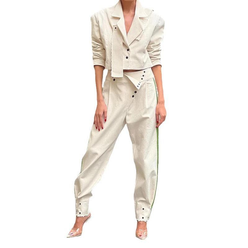 Cheky - Solid Color Fashion Lapel Short Temperament Trousers Suit