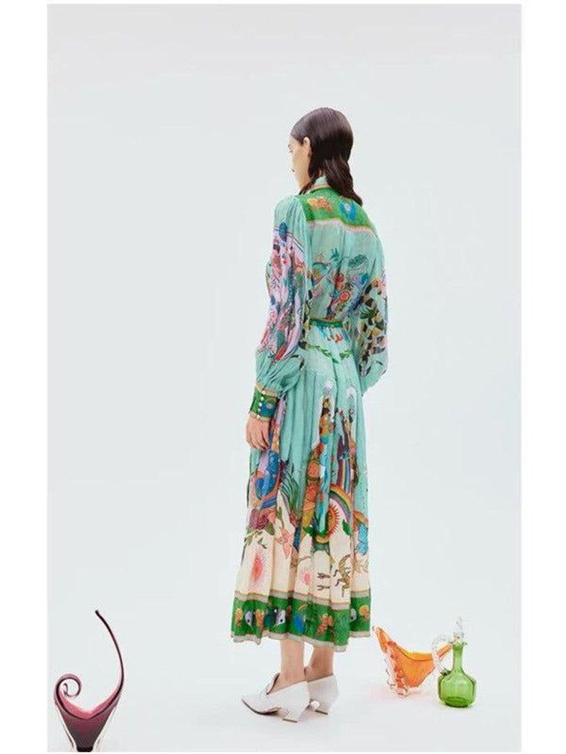 Cheky - Personalized Printed Daily Vacation Shirt Collar Single-breasted Elegant Long Dress