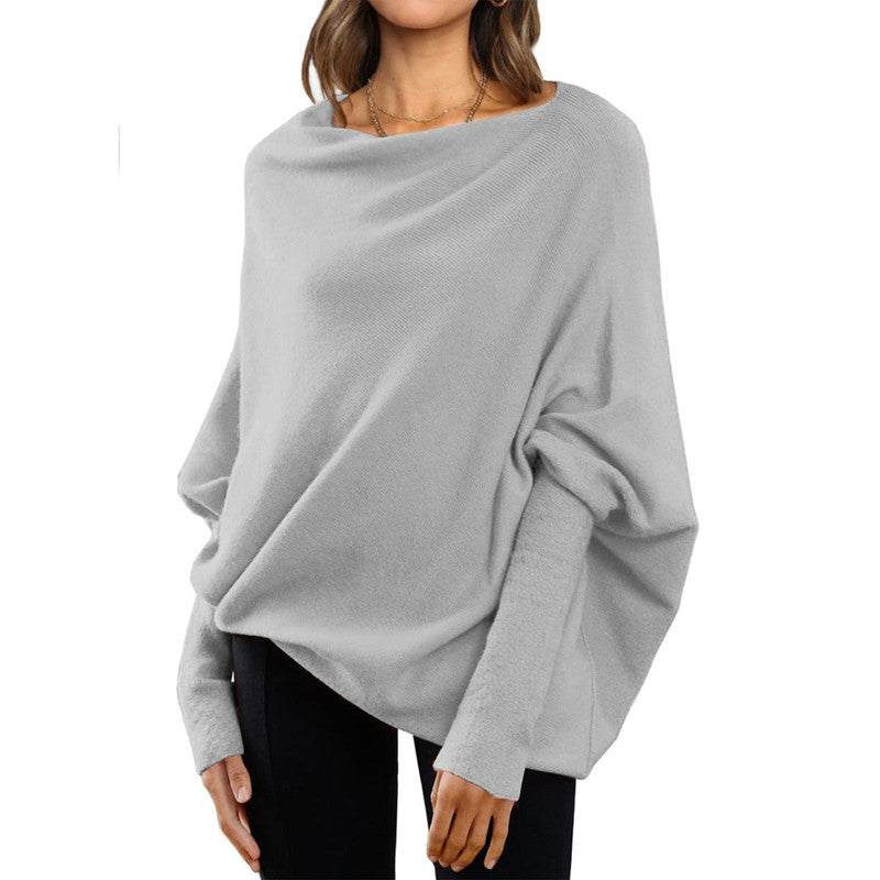 Cheky - Loose Bat Sleeve Sweater Tops Simple Casual Fashion Versatile Solid Color Round Neck Sweater For Women