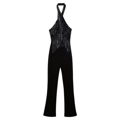 Cheky - New Halter Backless Tassel Beads Decoration Jumpsuit