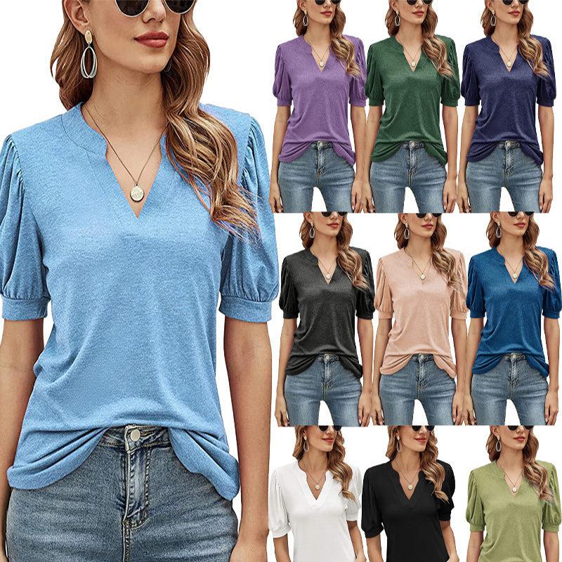 Cheky - Women's Pleated Puff Sleeve Tops Summer V Neck T Shirts Casual Loose Blouses