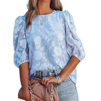 Cheky - Women's Puff Sleeve Chiffon Loose Top Flower Texture Shirt