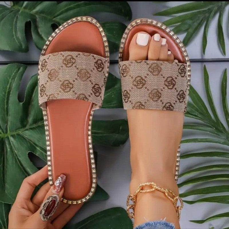 Cheky - Summer Flower Print Flat Sandals For Women Non-slip Slides Slippers Vacation Casual Beach Shoes