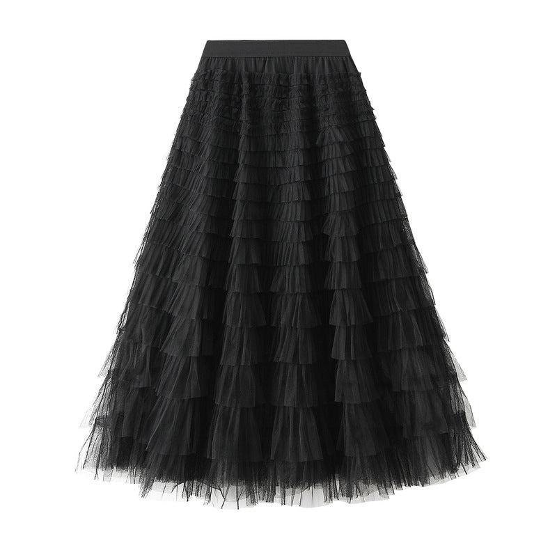 Cheky - A-Line Mesh Ruffle Skirt Women's Temperament Sweet Long Skirt Slim Cupcake Dress Womens Clothing