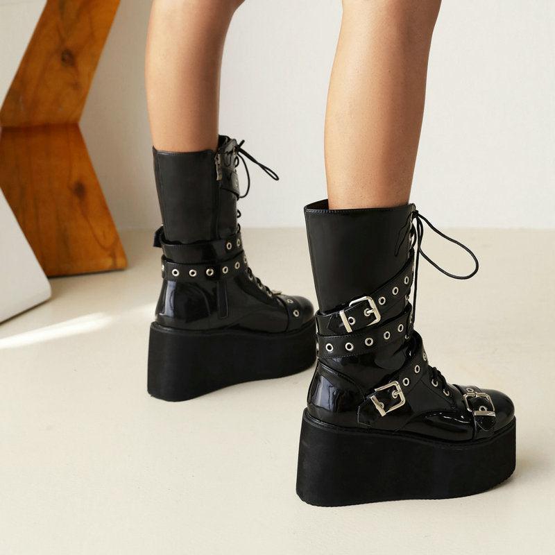 Cheky - Women's British-style Platform Black Rivet Boots