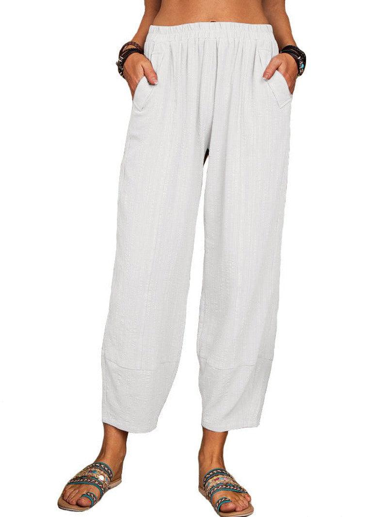 Cheky - Women's Solid Color Loose Cotton And Linen Casual Pants Home