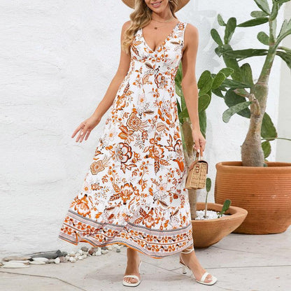 Cheky - Fashion Floral Print V-neck Dress Summer Sexy Slim Fit Sleeveless Long Dress