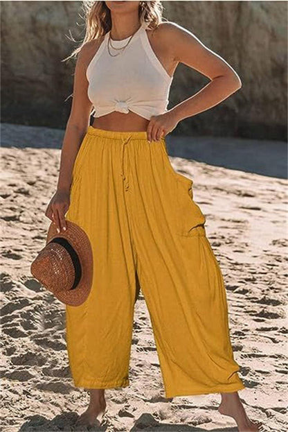 Cheky - Fashion Wide Leg Pants Summer Loose Elastic High Waist Pleated Trousers Solid Color Womens Clothing