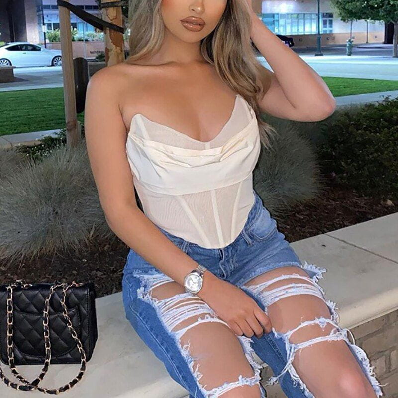 Cheky - Skinny Off Shoulder Tank Top Women White Sleeveless Sexy Strapless Female Top Spring Streetwear Slim Mesh Crop Top