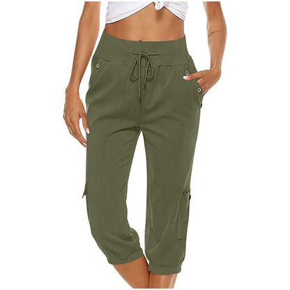 Cheky - Women's Cropped Pants Cotton Linen Cargo Pocket Casual Pants