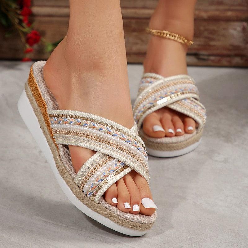 Cheky - Linen Wedge Sandals Summer Ethnic Style Cross-strap Sandals For Women Non-slip Slides Beach Shoes