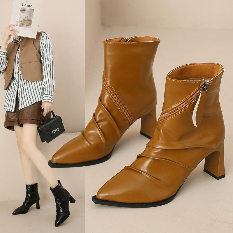 Cheky - Pleated Fashion Boots Women's Pointed Chunky Heel