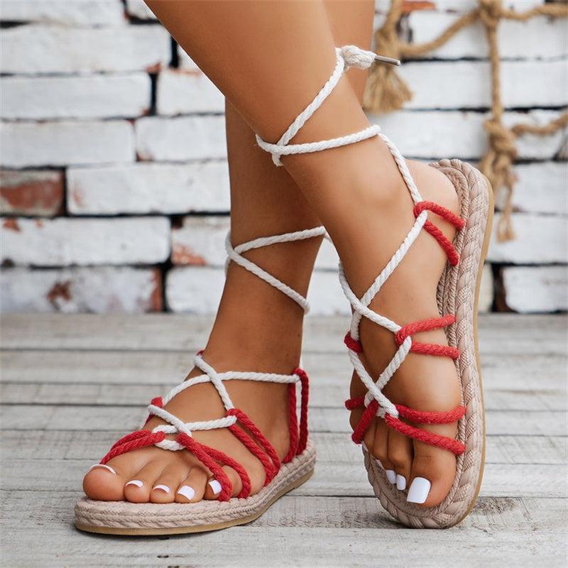 Cheky - Color-block Cross-strap Hemp Rope Sandals Summer Round Toe Flat Bottom Roman Shoes For Women Beach Shoes