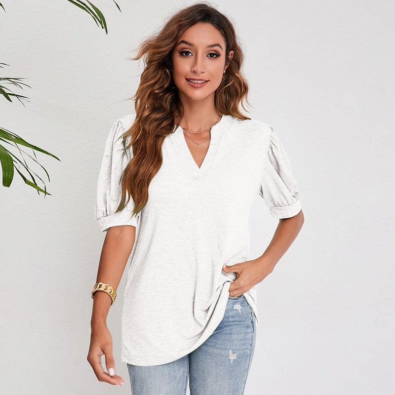 Cheky - Women's Pleated Puff Sleeve Tops Summer V Neck T Shirts Casual Loose Blouses