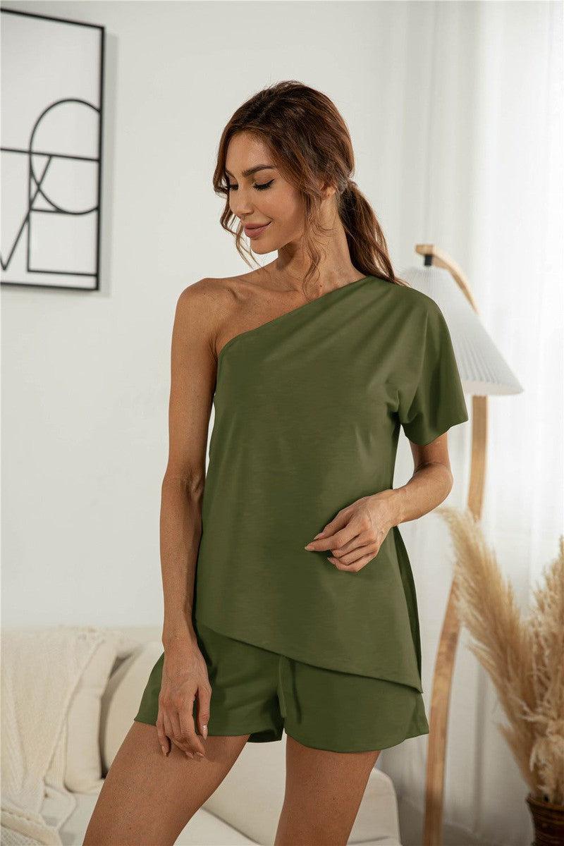 Cheky - Off-the-shoulder Short Sleeve Sloping-shoulder Off The-shoulder Casual Two-piece Suit