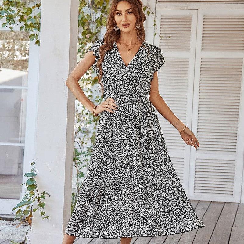 Cheky - Summer Dresses Ruffle Cap Sleeve V Neck Belt Wrap Split Boho Floral Long Casual Party Beach Dress