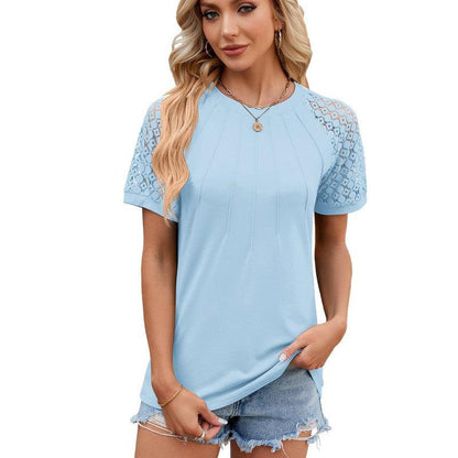 Cheky - Solid Color Round Neck Top Women's Lace Hollow Design Short Sleeve T-Shirt Summer Womens Clothing