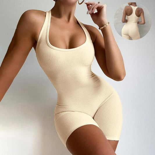 Cheky - Sleeveless Backless Jumpsuit Colid Color Fitness Sports Yoga Leggings Shorts Bodysuits Women Slim Yoga One Piece Rompers