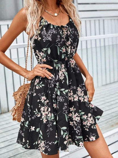 Cheky - Floral Print Suspender Dress With Elastic Waist Design Fashion Summer Short Dresses Womens Clothing