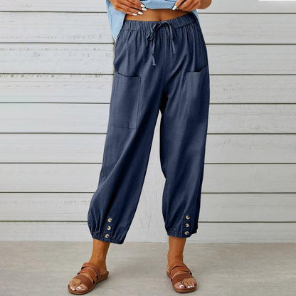 Cheky - Women Drawstring Tie Pants Spring Summer Cotton And Linen Trousers With Pockets Button