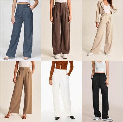 Cheky - High Waist Straight Trousers With Pockets Wide Leg Casual Suit Pants For Women