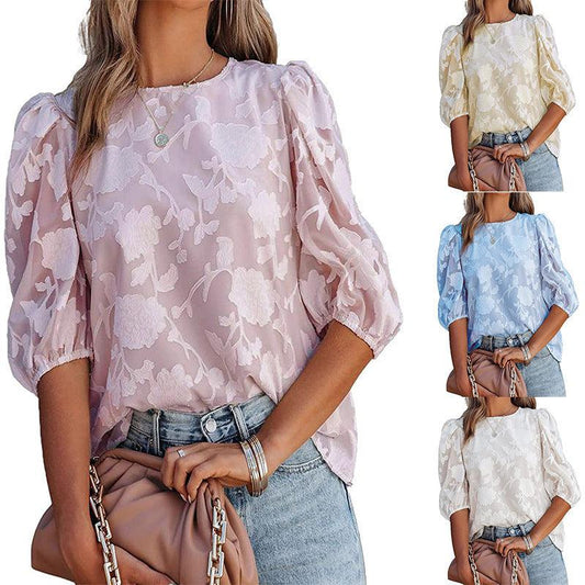 Cheky - Women's Puff Sleeve Chiffon Loose Top Flower Texture Shirt