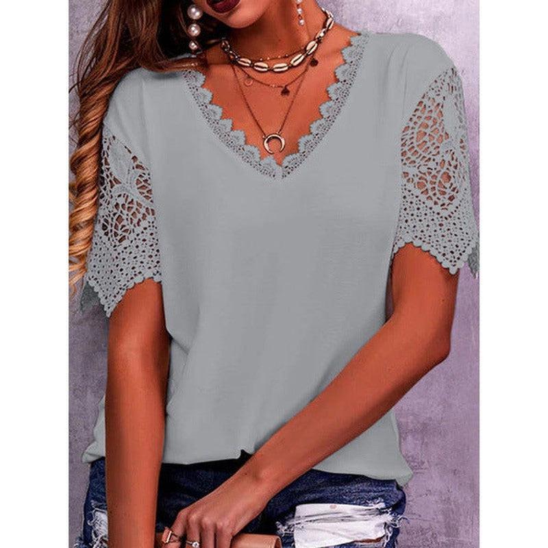 Cheky - Lace Tops Women Summer Loose V Neck Short Sleeve Casual Shirts