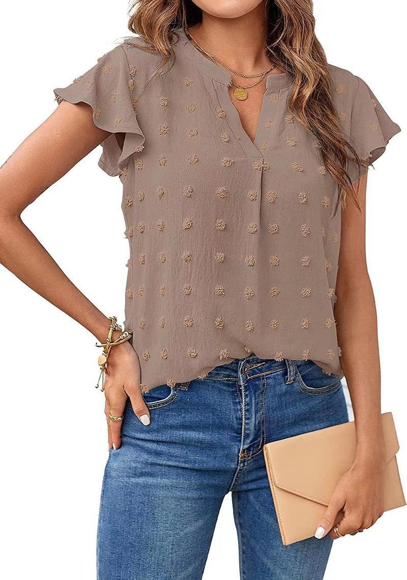 Cheky - Women Summer V Neck Ruffle Short Sleeve Blouse Dot Flowy Shirt Top