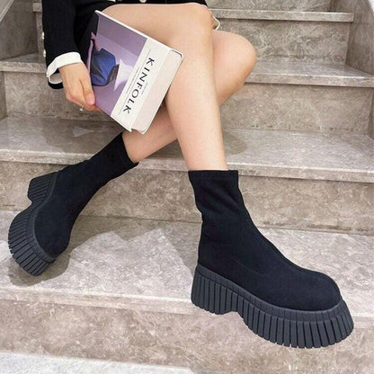 Cheky - Thick Sole Long Boots Solid Color New Fashion Trendy Fly-woven Elastic Shoes Women's Winter FootwearHigh Boots