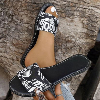 Cheky - New Fashion Graffiti Print Sandals For Women Summer Round Toe Low Heel Flat Slippers For Women Slides Casual Beach Shoes