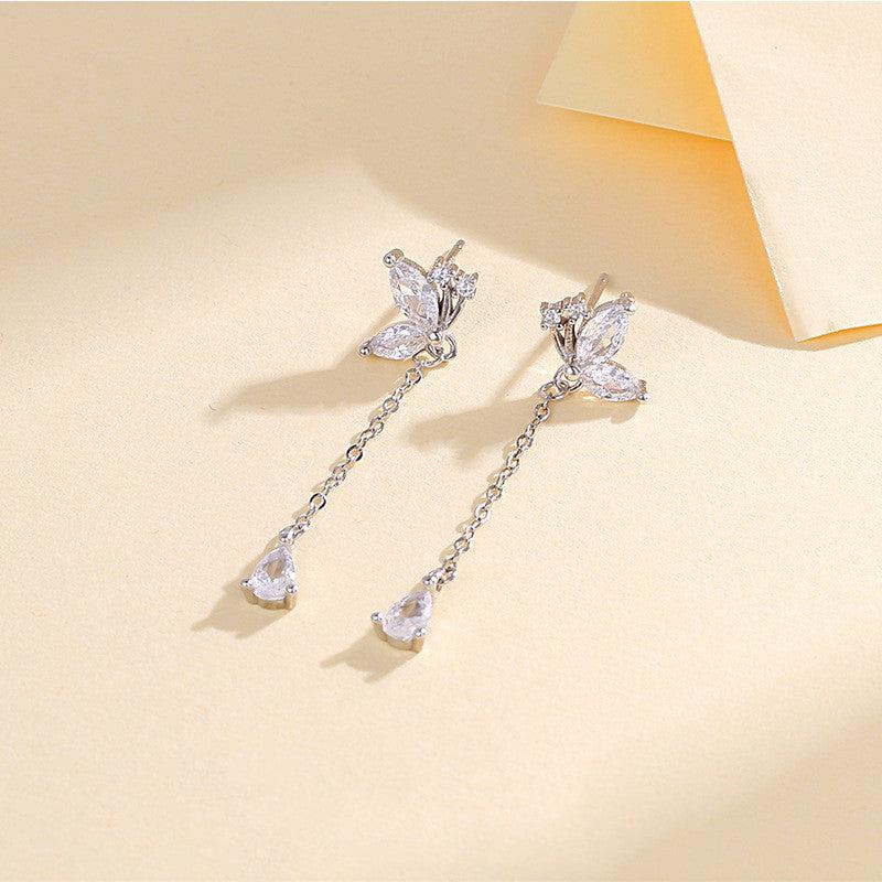 Cheky - S925 Butterfly Zircon Tassel Earrings Women's Niche Exquisite Long Earrings Jewelry