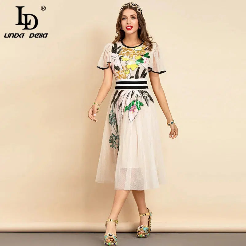 Cheky - LD LINDA DELLA New 2021 Women Summer Fashion Runway Midi Dress Butterfly Sleeve Sequined Embroidery Ladies Slim A-Line Dresses