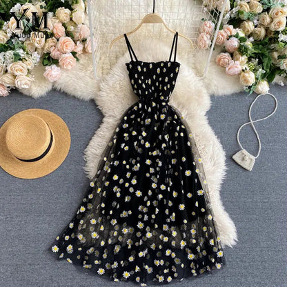 Cheky - YuooMuoo Korean Fashion Daisy Flower Print Mesh Party Dress Summer Two Layers Spaghetti Strap Vacation Midi Dress Beach Vestidos