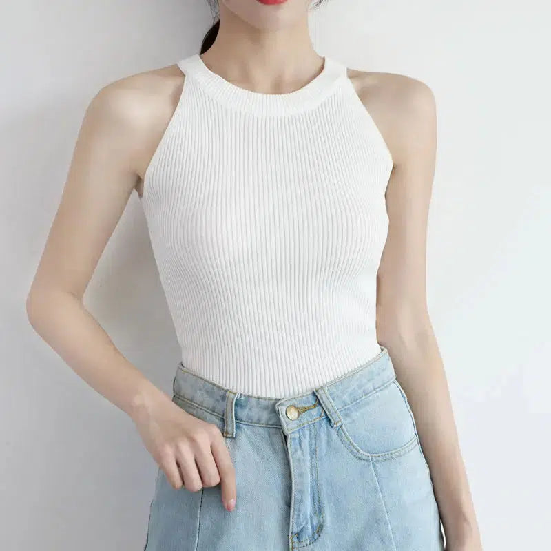 Cheky - HELIAR Tops Women Crop Tops Off Shoulder Stretchy Knitted Tank Tops Female Sleveless Halter Casual Tank Crop Top For Women