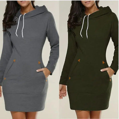 Cheky - Women‘s Knee-Length Pockets Dress Hooded Warm Sweat Shirt Long Sleeve Side Zip Neckline Simple Casual Sports Skirt