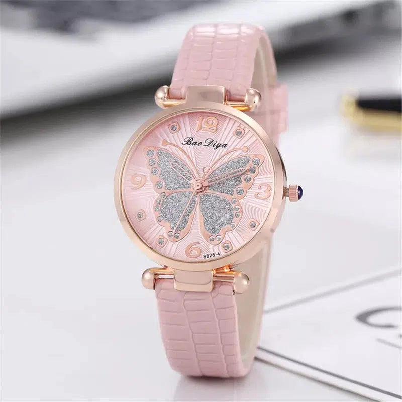 Cheky - Butterfly Diamond Dial Design Women Quartz Watches Fashion Casual Ladies Wristwatches Simple Woman Leather Clock Montre Femme