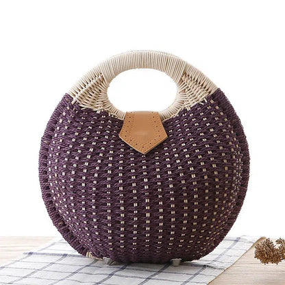 Cheky - Women's Natural Rattan Handwoven Round Shell Handbag Top-handle Bag Summer Fashion Bohemia Female Casual Tote Clutch Beach Bag