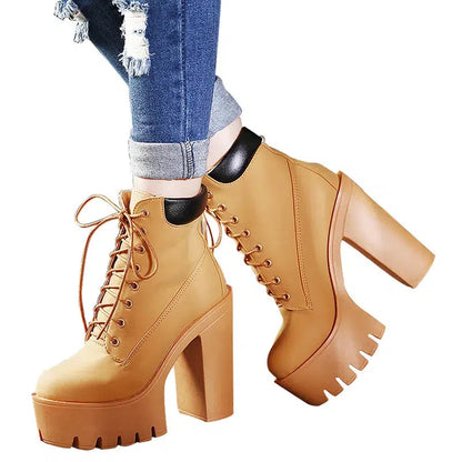 Cheky - Gdgydh Fashion Spring Autumn Platform Ankle Boots Women Lace Up Thick Heel Platform Boots Women's Chunky Heeled Short Boots