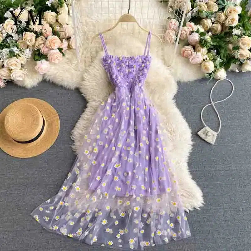 Cheky - YuooMuoo Korean Fashion Daisy Flower Print Mesh Party Dress Summer Two Layers Spaghetti Strap Vacation Midi Dress Beach Vestidos