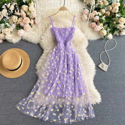 Cheky - YuooMuoo Korean Fashion Daisy Flower Print Mesh Party Dress Summer Two Layers Spaghetti Strap Vacation Midi Dress Beach Vestidos