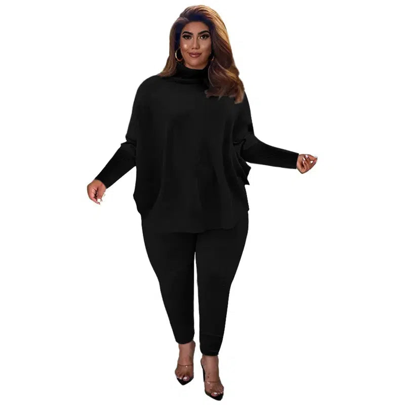 Cheky - Knitted Plus Size Women 2 Piece Set Casual Solid Bat Sleeve Split Knit Top Trousers Ribbed Pit Strip Matching Fall Winter Outfit