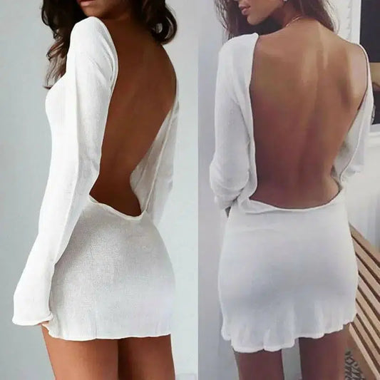 Cheky - Sexy Backless White Evening Party Dress Women Elegant Long Sleeve Solid Color Loose Club Holiday Casual Mini Dress