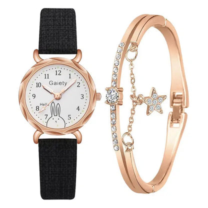 Cheky - Gaiety Brand 2pcs Set Casual Watch For Women Rhinestone Bracelet Watch Leather Ladies Wrist Clock Simple Dress Gfit Montre Femme