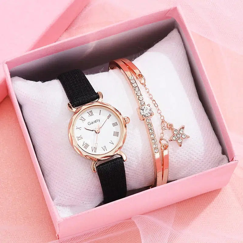 Cheky - Gaiety Brand 2pcs Set Casual Watch For Women Rhinestone Bracelet Watch Leather Ladies Wrist Clock Simple Dress Gfit Montre Femme