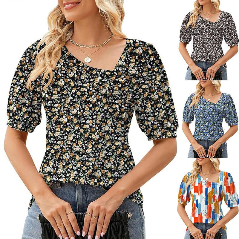 Cheky - Women's Short Sleeve Irregular Puff Sleeve Loose Floral T-shirt