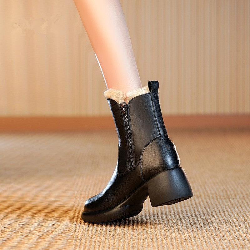 Cheky - Winter New Rabbit Fur Warm Snow Boots Women's Chunky Heel Side Zip Women's Ankle Boots