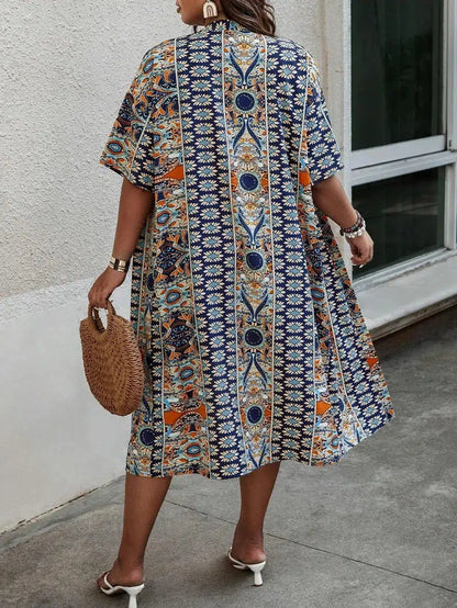 Cheky - Women's Plus Size Printed Two-piece Set, featuring a bohemian print open front kimono with short sleeves and shorts ensemble.