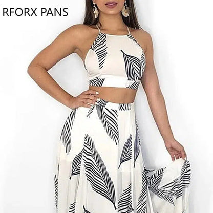 Cheky - Women Leaf Print Backless Two Pieces Dress Cami Top & Split Maxi Set Dress